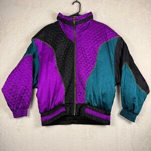 Vintage 80s Colorblock Windbreaker Jacket Purple Teal Black Medium